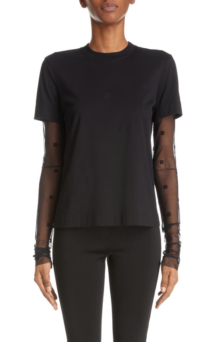 Givenchy 4G Tulle Sleeve Cotton T-Shirt, Main, color, 