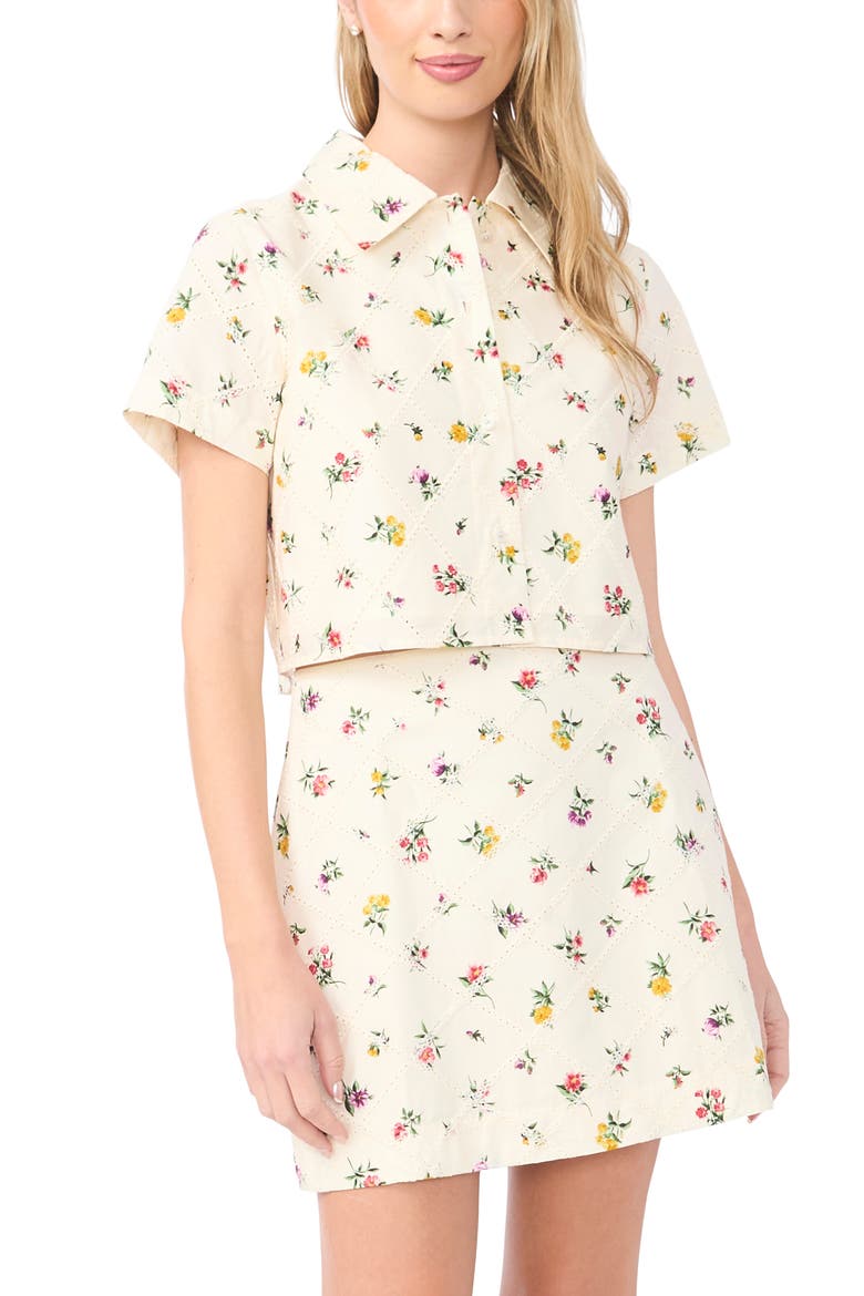 Liz Floral Eyelet Button-Up Crop Top, Main, color, VANILLA ICE