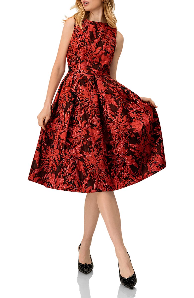 IVONNE Sleeveless Red and Black Jacquard Midi Dress, Alternate, color, Red