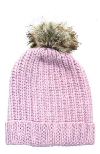 Portolano Chunky Wool Blend Beanie With Faux Fur Pompom In Pink