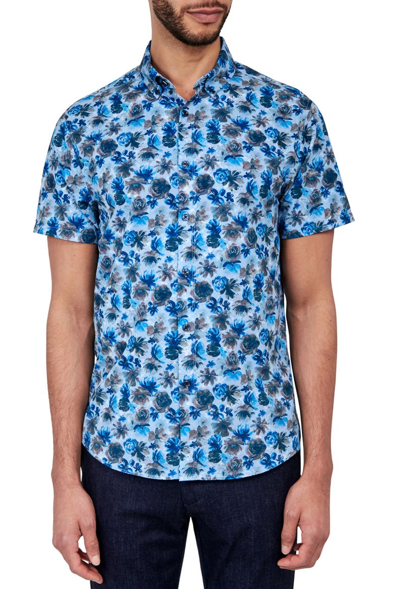 Slim Fit Quay Watercolor Floral 4-Way Stretch Performance Short Sleeve Shirt, Main, color, BROWN/BLUE