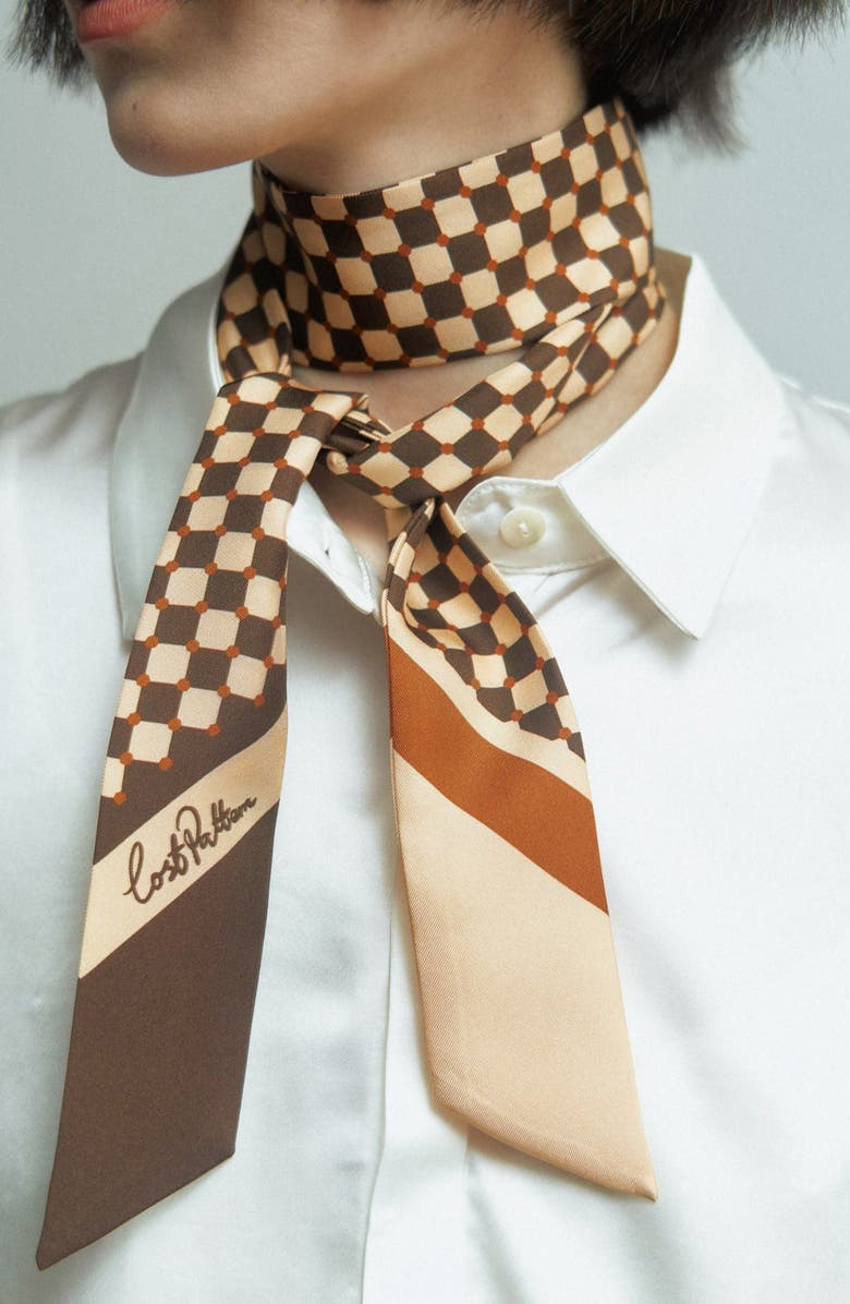 Lost Pattern Checkerboard Skinny Silk Scarf, Main, color, Coffee