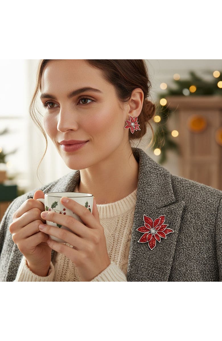 BLING JEWELRY Enamel Pointsettia Clip-On Earrings, Alternate, color, Silver