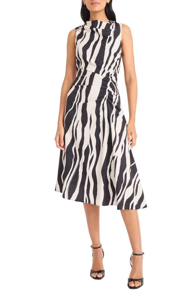 Maggy London Print Sleeveless Asymmetric Ruched Midi Dress, Main, color, Black/ Cream