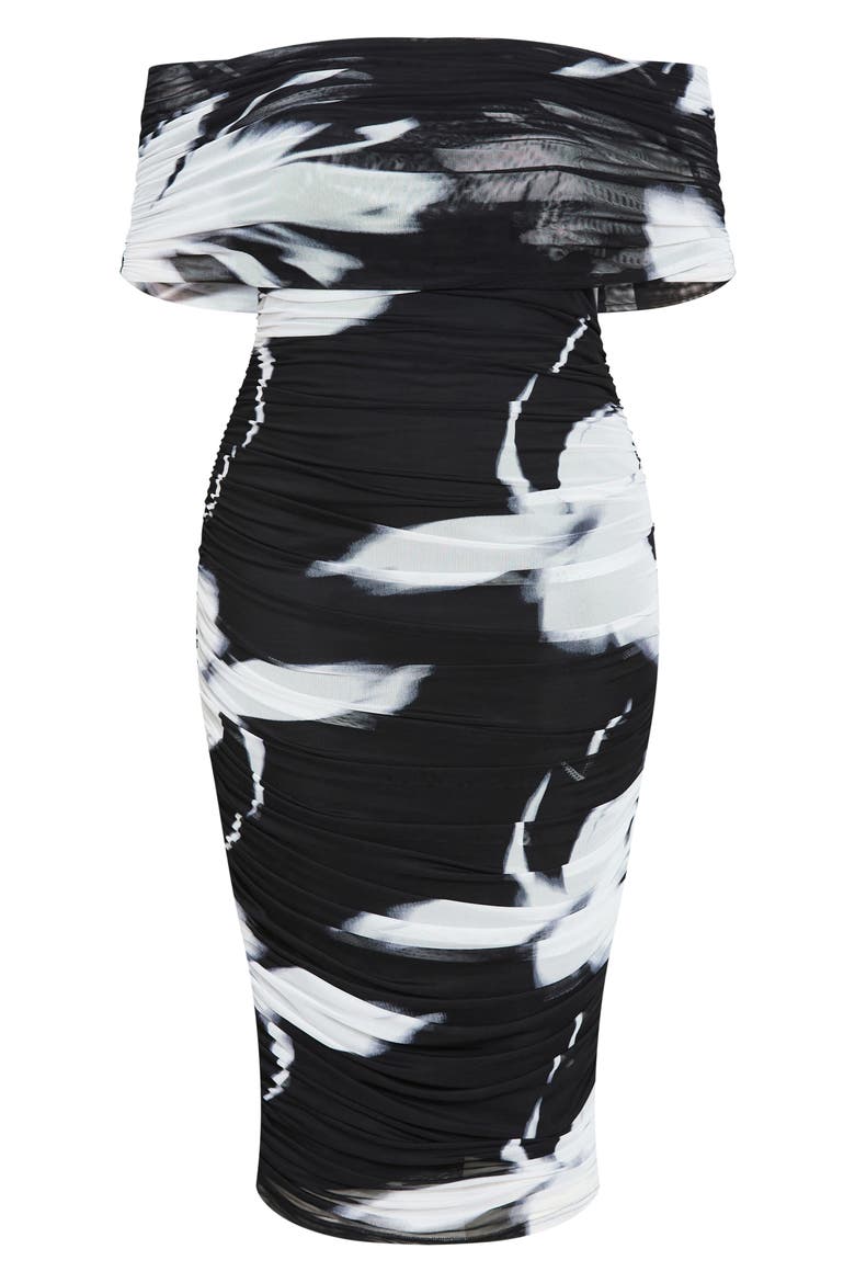 Abstract Floral Mesh Off the Shoulder Dress, Alternate, color, BLACK BLURRED FLORALS