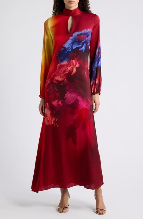 The Alana Placed Floral Long Sleeve Silk Blend Dress