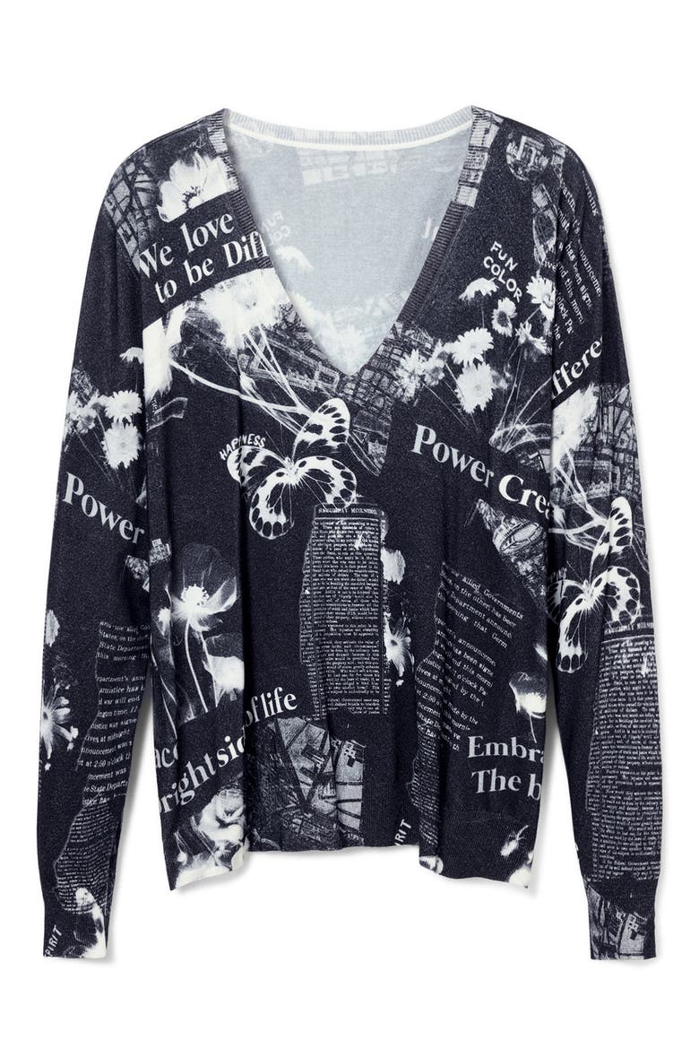 Kawartha Lakes Print V-Neck Sweater, Alternate, color, BLACK