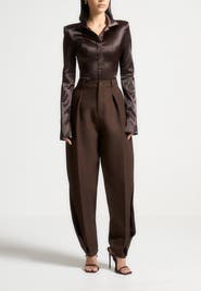 Manière De Voir Louise Wide Shoulder Satin Shirt Bodysuit