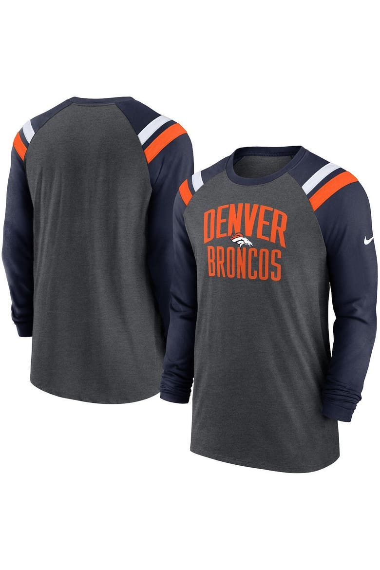 Men's Nike Heathered Charcoal/Navy Denver Broncos Tri-Blend Raglan Athletic Long Sleeve Fashion T-Shirt, Main, color, Heather Charcoal