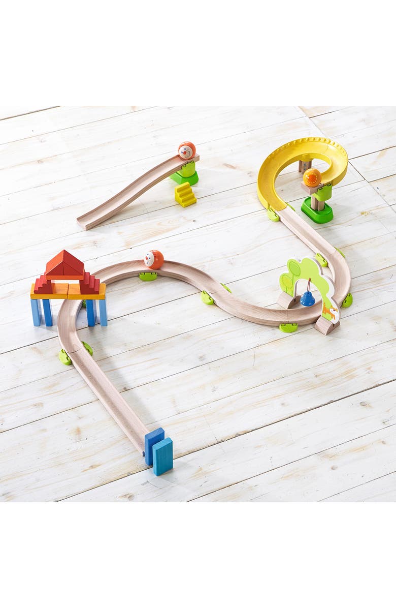 HABA Ball Run - Kullerbu Spiral Track, 26 Piece Wood & Plastic Marble Run Set with Wild Curves & Bell for Kids 2-8, STEM Toy Marble Maze Building Set, Alternate, color, Multi