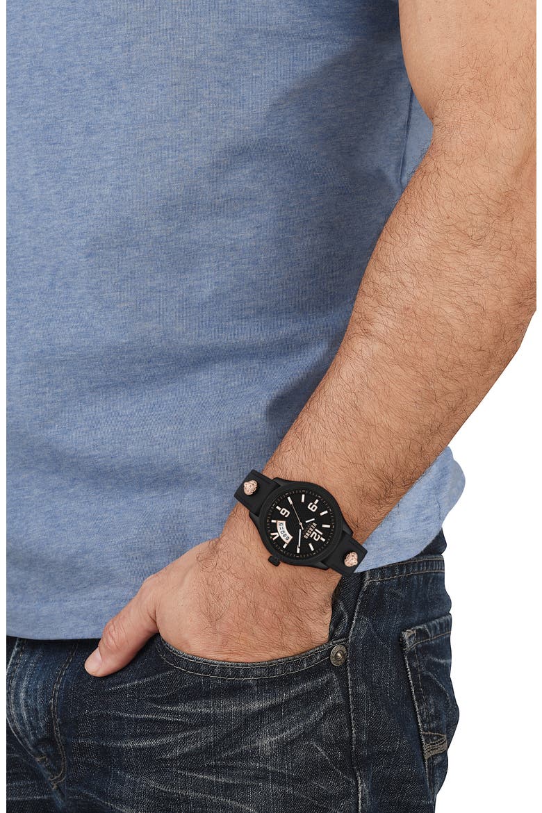 Reale Leather Strap Watch, 44mm, Alternate, color, IP BLACK