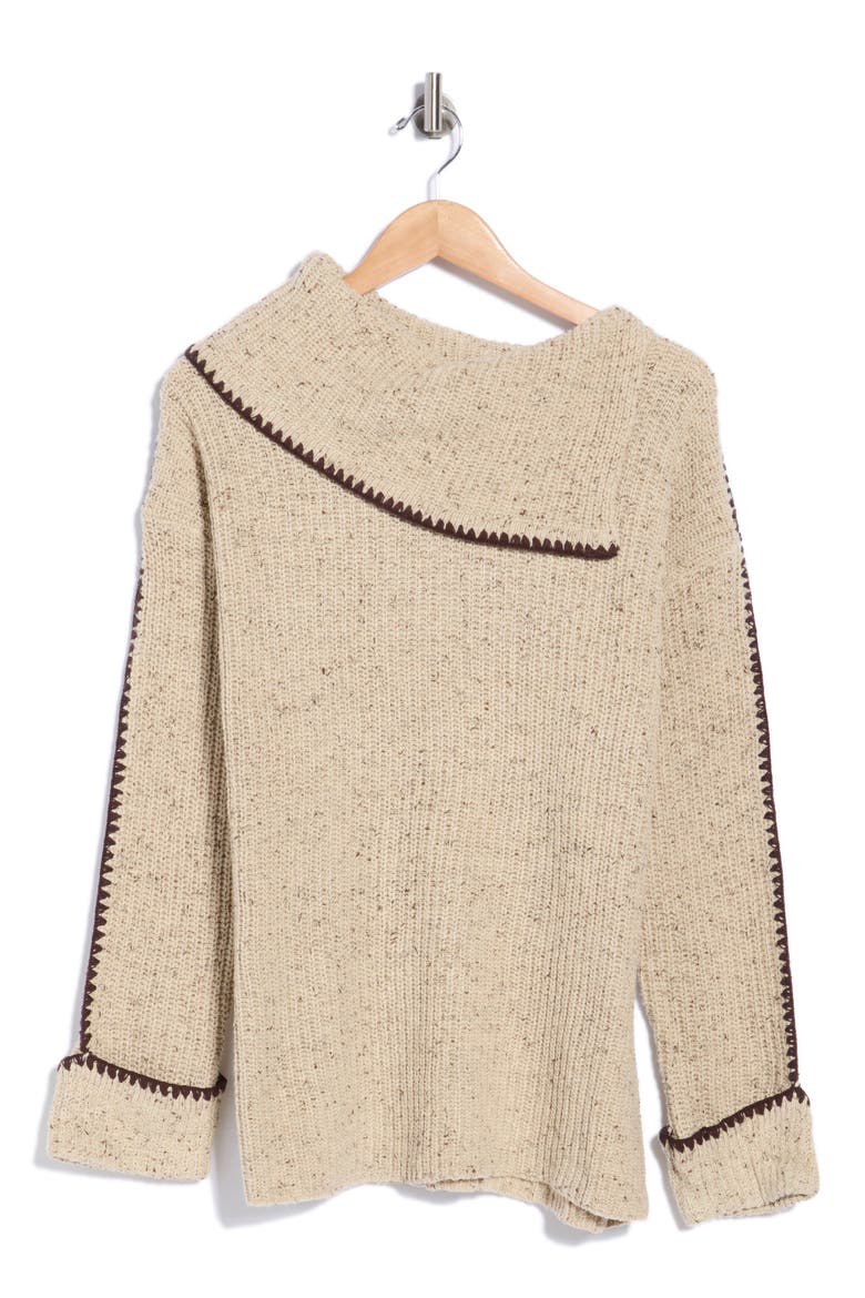 Whipstitch Trim Pullover Sweater, Main, color, CAMEL HTHR/ CHOC PLUM