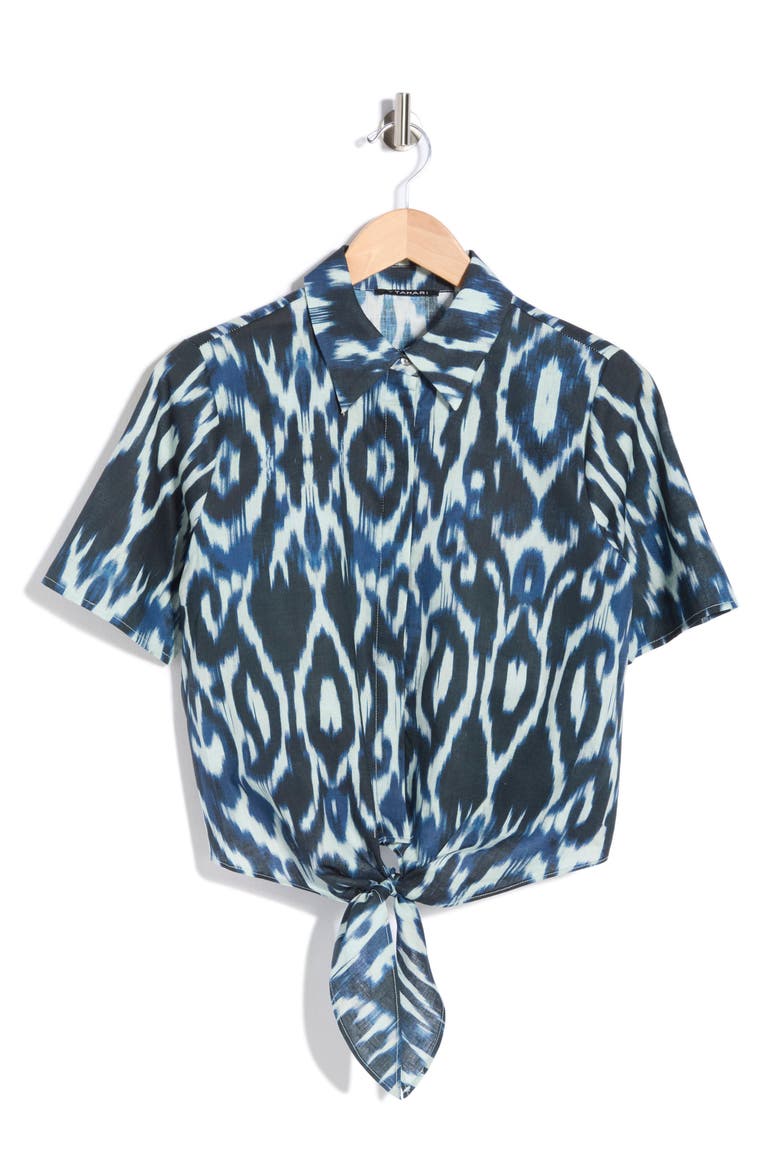 Short Sleeve Tie Front Cotton & Linen Crop Shirt, Alternate, color, IVORY/ NAVY IKAT PRINT