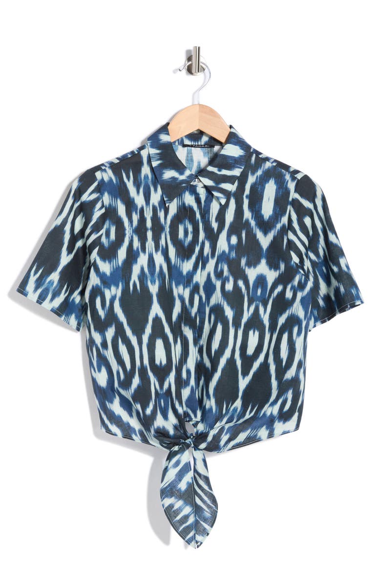 T Tahari Short Sleeve Tie Front Cotton & Linen Crop Shirt, Main, color, Ivory/ Navy Ikat Print