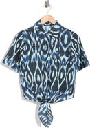 T Tahari Short Sleeve Tie Front Cotton & Linen Crop Shirt