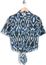 T Tahari Short Sleeve Tie Front Cotton & Linen Crop Shirt