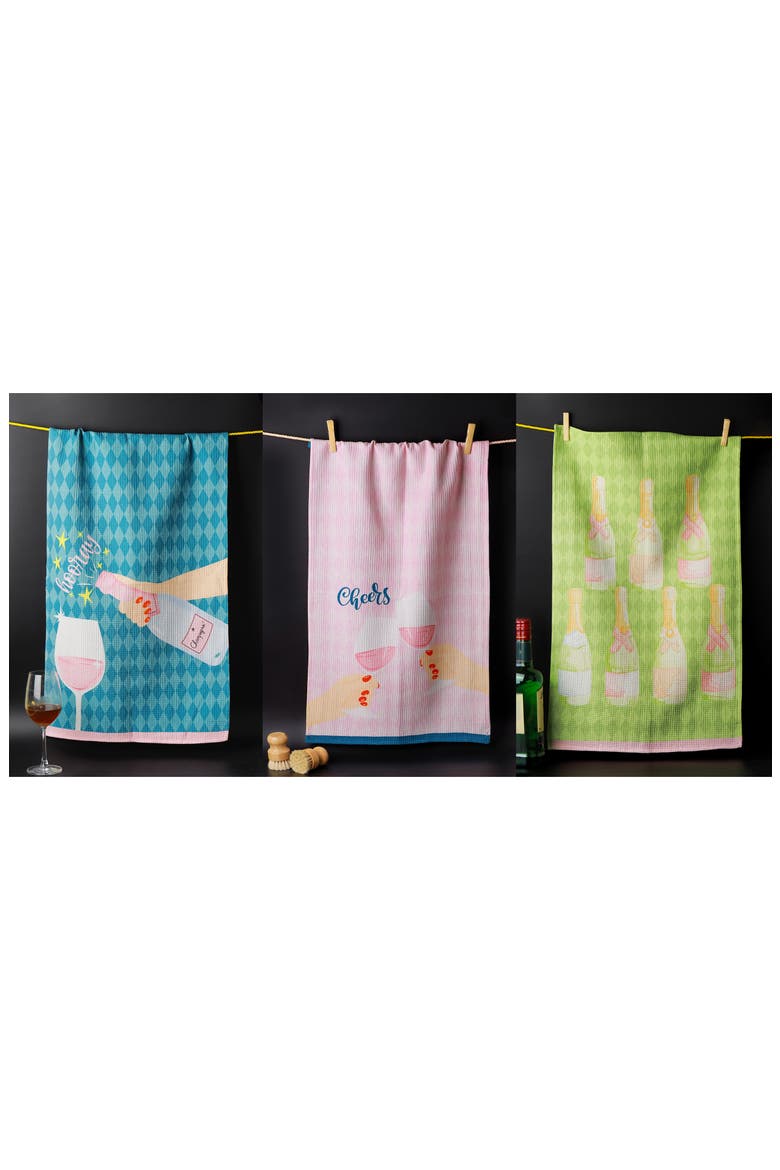 Cheers Set of 3 Kitchen Towels, Alternate, color, LIGHT BLUE/ PINK/ LIME