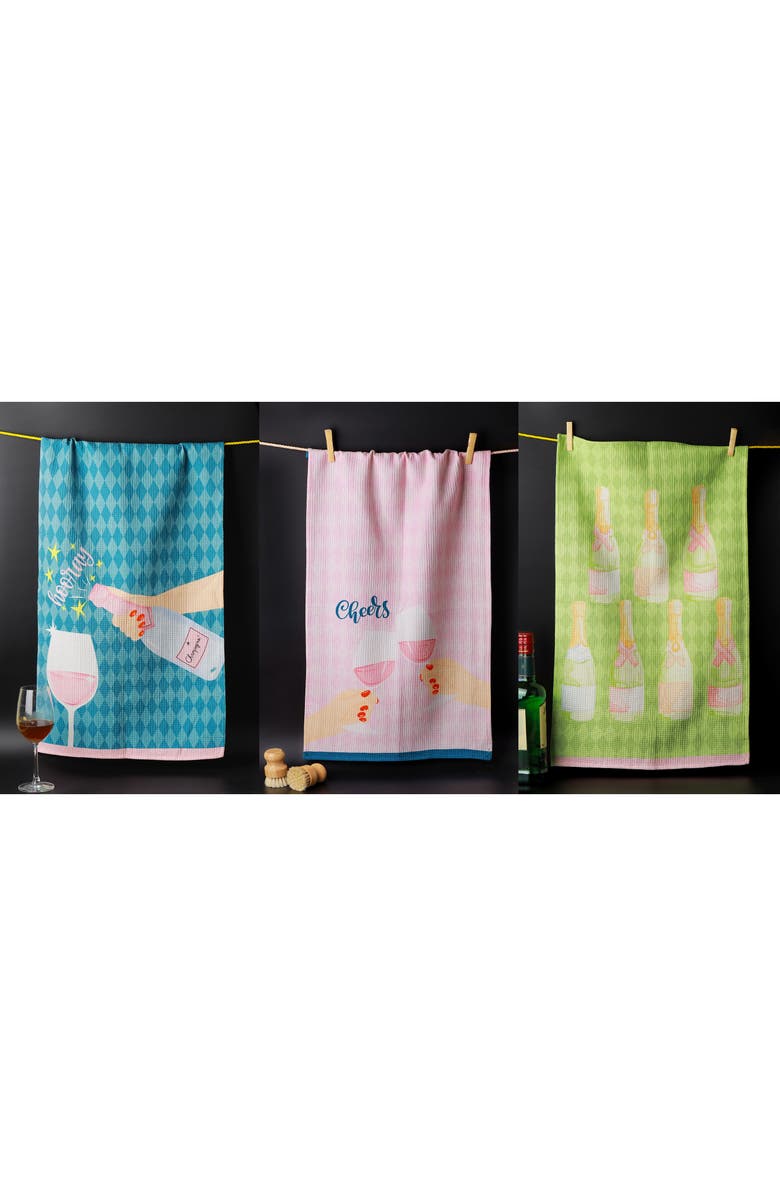 Tiramisu Cheers Set of 3 Kitchen Towels, Alternate, color, Light Blue/ Pink/ Lime
