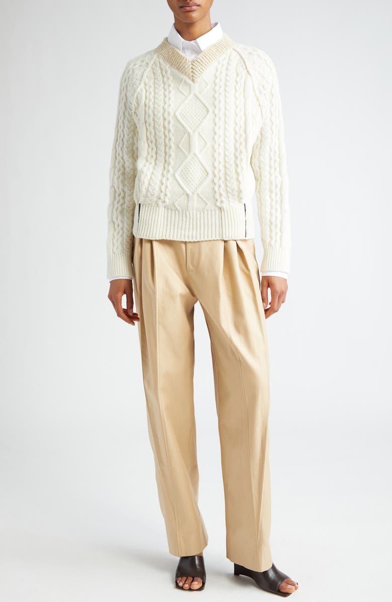 Victoria Beckham Contrast V-Neck Cable Stitch Lambswool Sweater, Alternate, color,