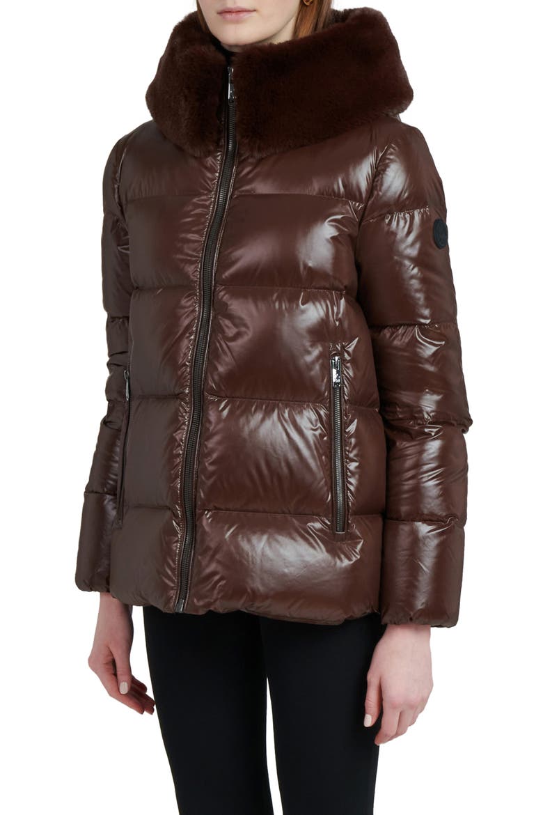 Water Resistant Nylon Down Puffer Coat with Faux Fur Trim, Alternate, color, DARK COFFEE
