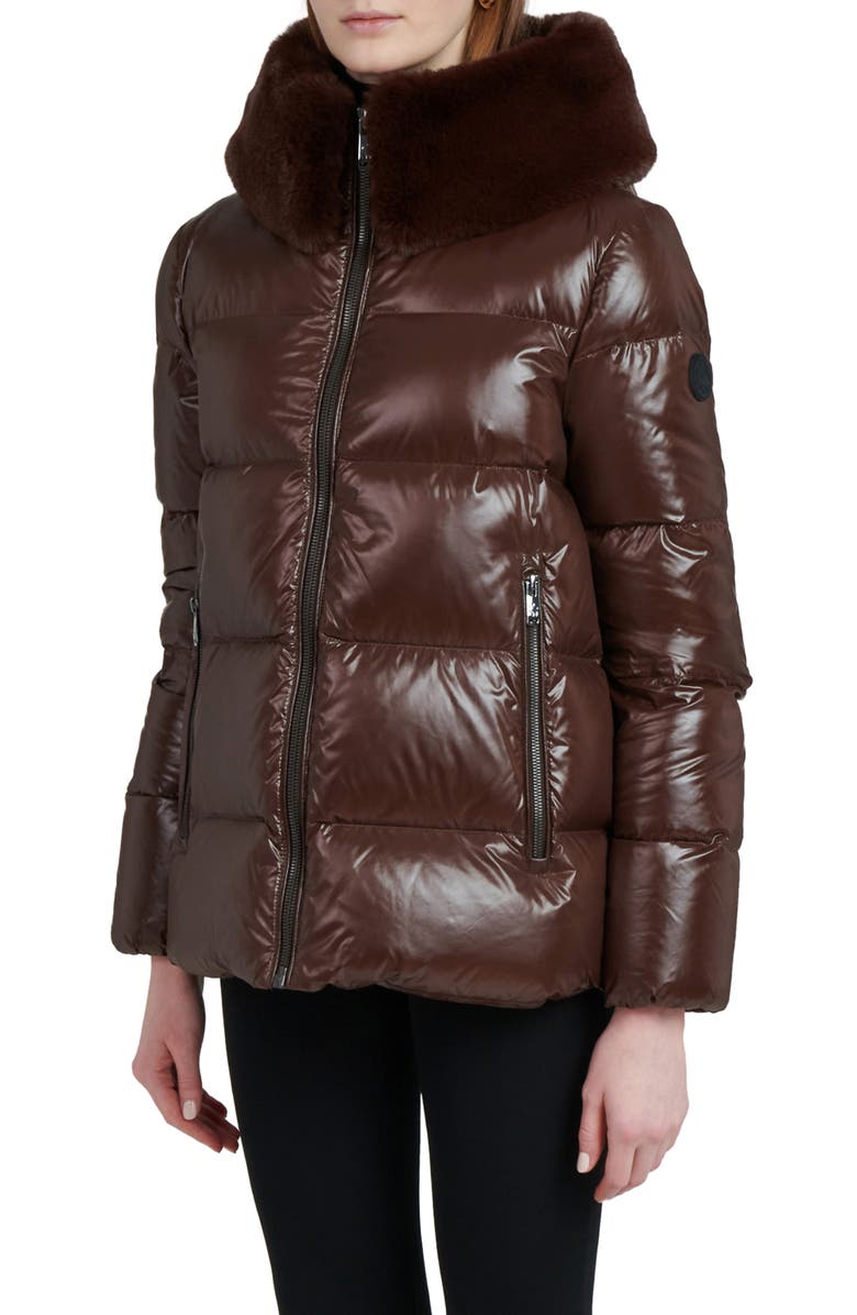 The Recycled Planet Company Water Resistant Nylon Down Puffer Coat with Faux Fur Trim, Alternate, color, Dark Coffee
