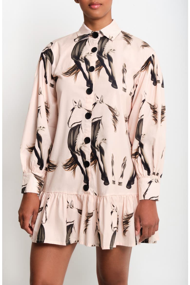 Medellin Horse Print Long Sleeve Stretch Cotton Shirtdress, Alternate, color, BEIGE HORSES