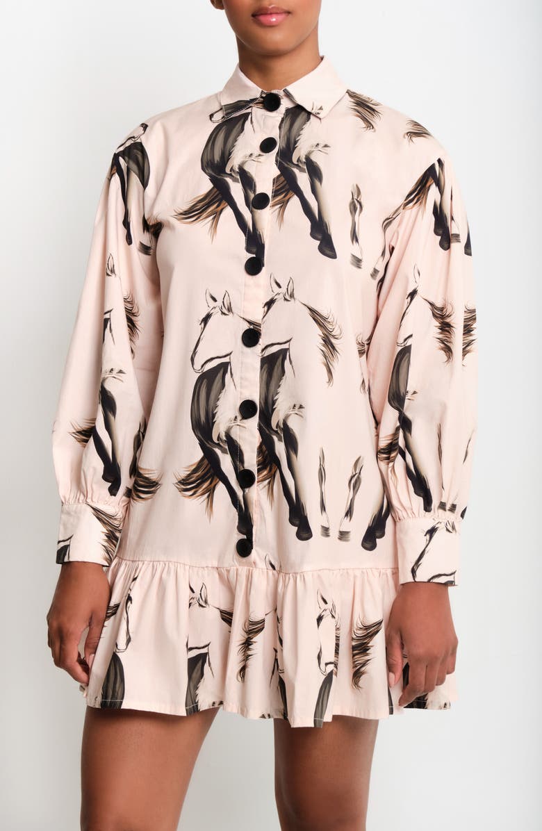 The Lulo Project Medellin Horse Print Long Sleeve Stretch Cotton Shirtdress, Alternate, color, Beige Horses