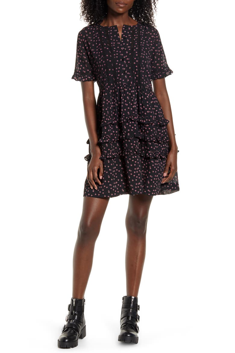 Ditsy Ladder Trim Mini Dress, Main, color, BLACK