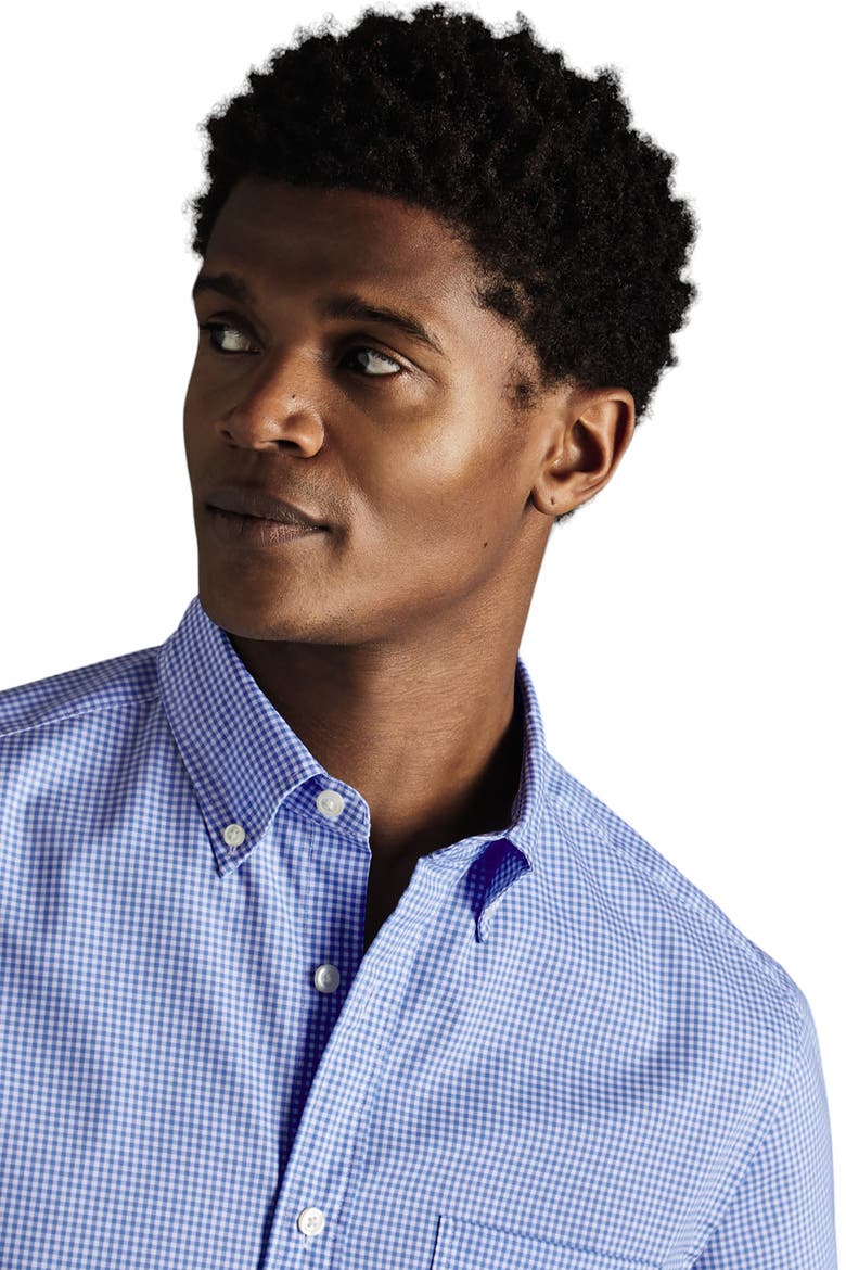 Slim Fit Button-Down Collar Non-Iron Stretch Mini Gingham Short Sleeve Shirt, Alternate, color, Ocean Blue