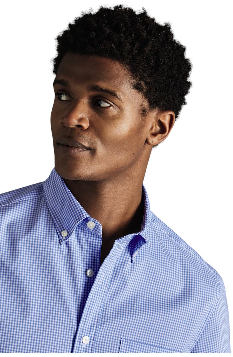 Charles Tyrwhitt Slim Fit Button-Down Collar Non-Iron Stretch Mini Gingham Short Sleeve Shirt, Alternate, color, Ocean Blue