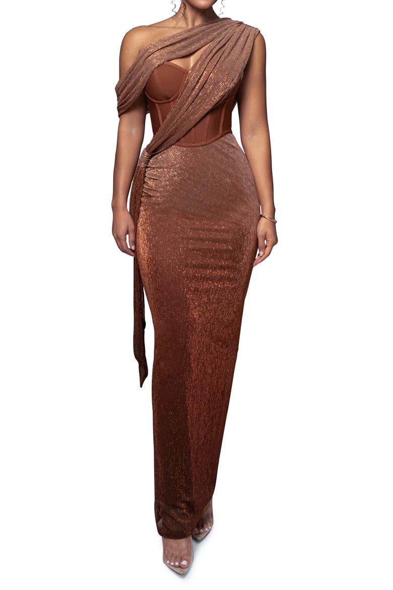 Celestina Metallic Drape Gown, Main, color, GOLD