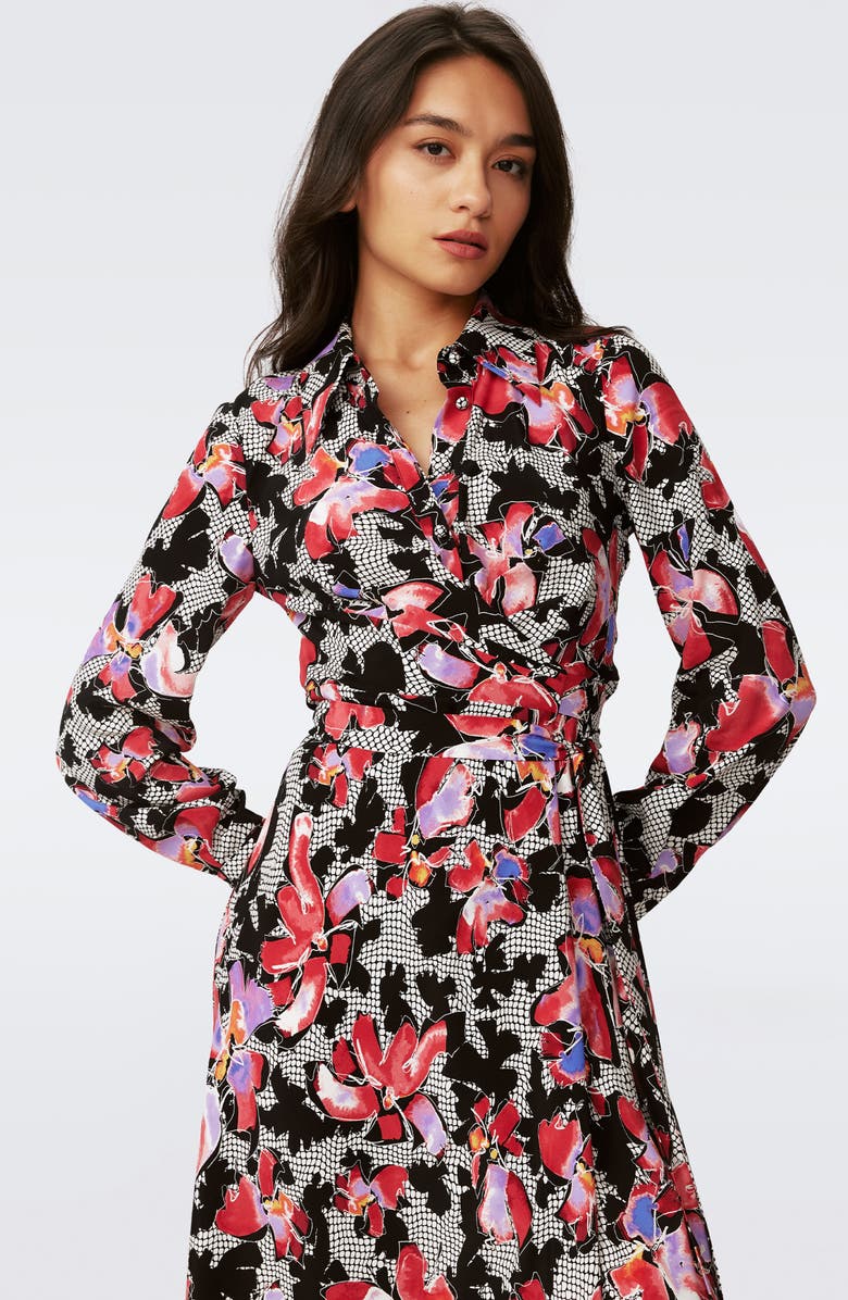 DVF Tori Long Sleeve Crepe Wrap Shirtdress, Alternate, color, Odette Floral
