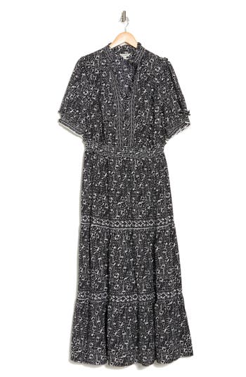 Max Studio Short Sleeve Tiered Maxi Dress In Cream/black Whispering Clover
