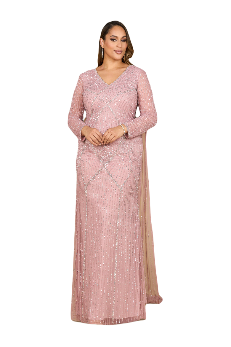 Long Sleeve Beaded Gown with Cape, Alternate, color, Cashmere