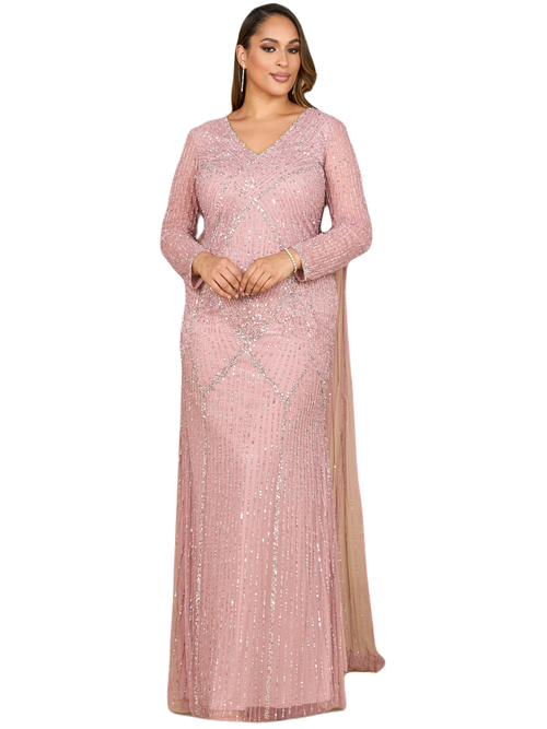 Lara New York Long Sleeve Beaded Gown With Cape In Cashmere