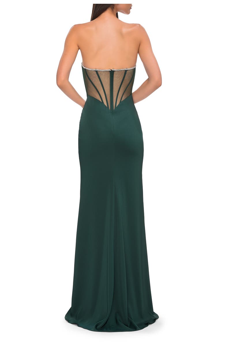 La Femme Chic Jersey Evening Dress with Rhinestone Neckline, Alternate, color, Dark Emerald