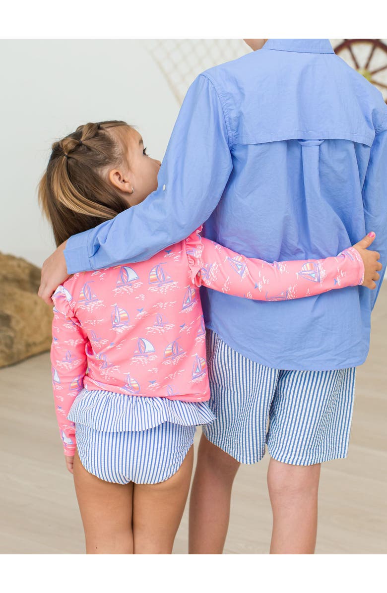 RuffleButts Baby/Toddler Girls UPF50+ Sun Protected Skirted Flutter Long Sleeve Rash Guard Bikini, Alternate, color, Pink Seas The Day