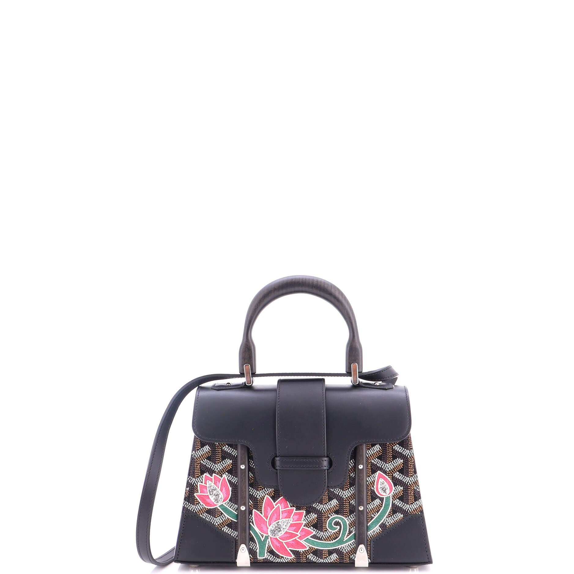 Structured Saigon Top Handle Bag Embroidered Coated Canvas with Leather Mini, Main, color, Black