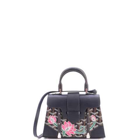 Structured Saigon Top Handle Bag Embroidered Coated Canvas with Leather Mini