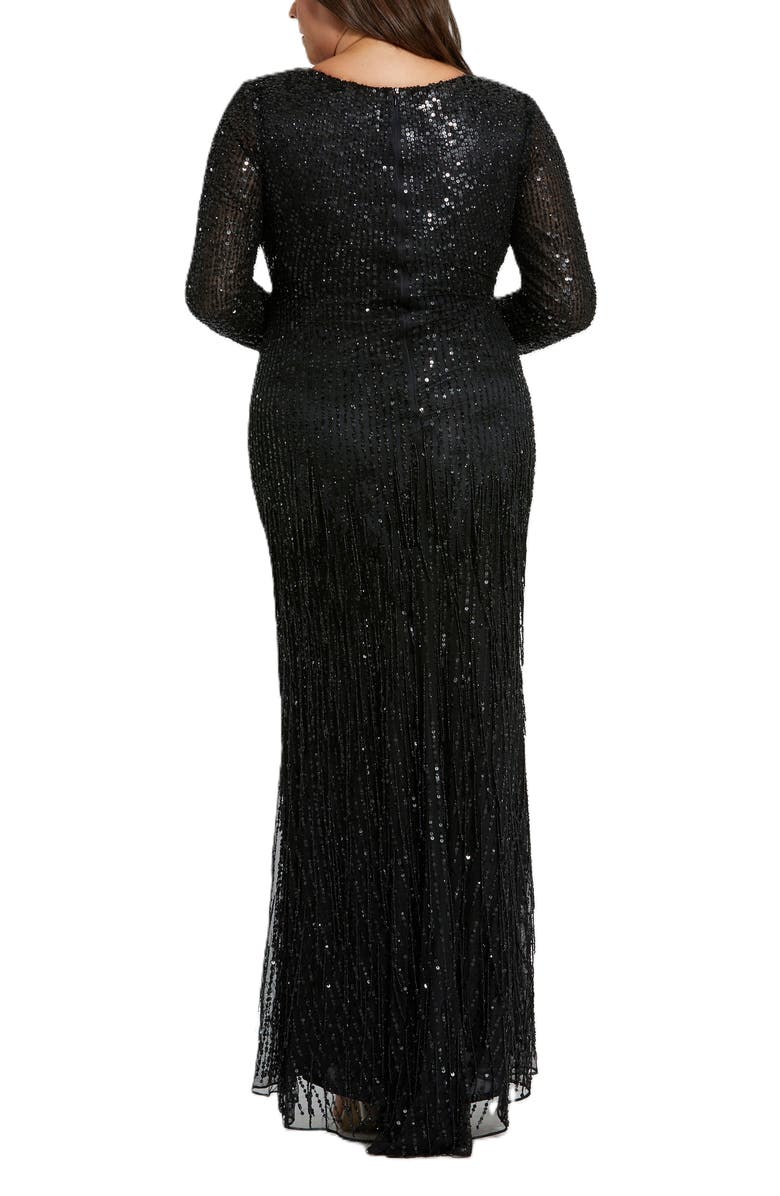 Mac Duggal Long Sleeve V Neck Beaded Fringe Gown, Alternate, color, Black