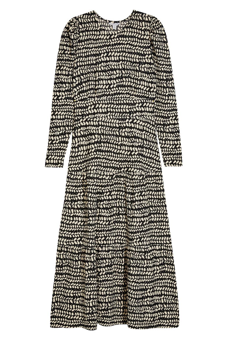 Abstract Tiered Long Sleeve Midi Dress, Alternate, color, BLACK MULTI