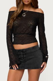 EDIKTED Alef Off the Shoulder Long Sleeve Sheer Lace Top