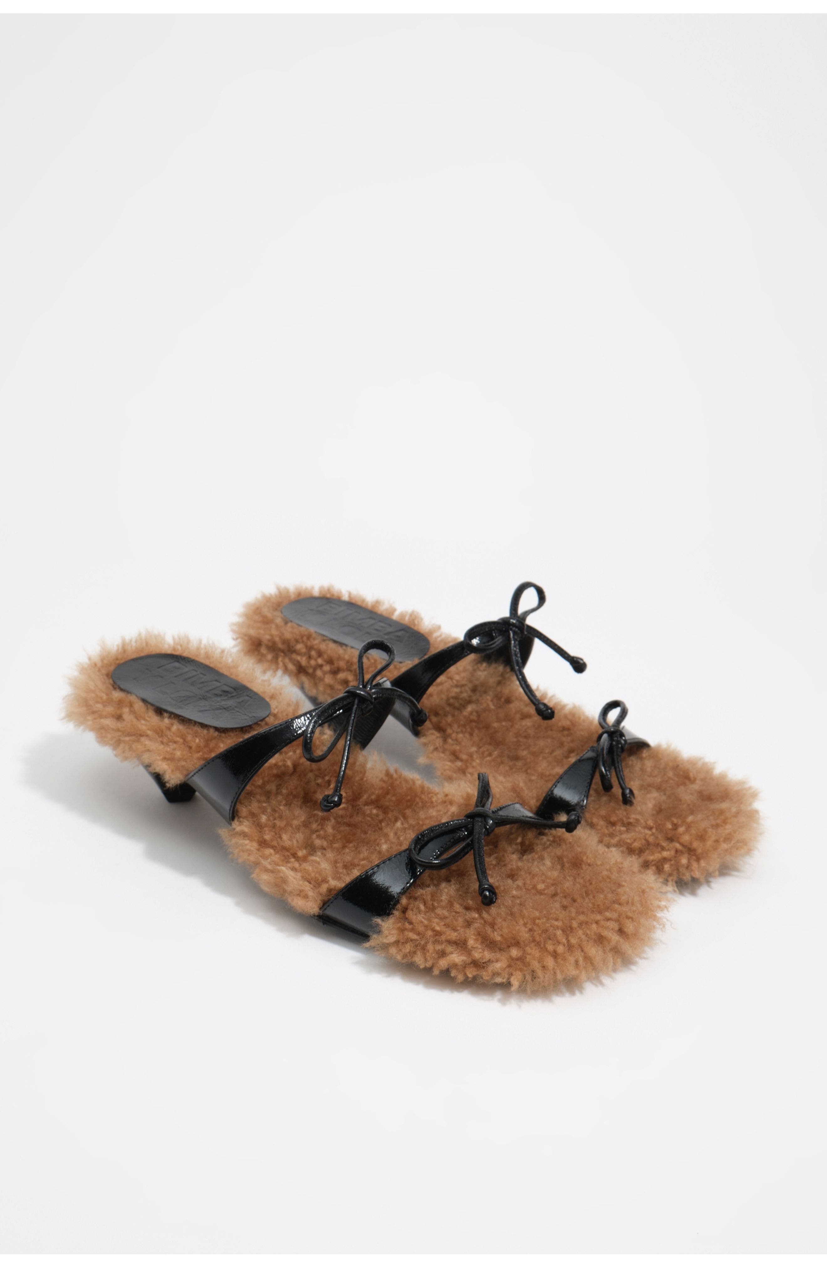 Leather Fur Heeled Sandal with Bows, Alternate, color, BLACK