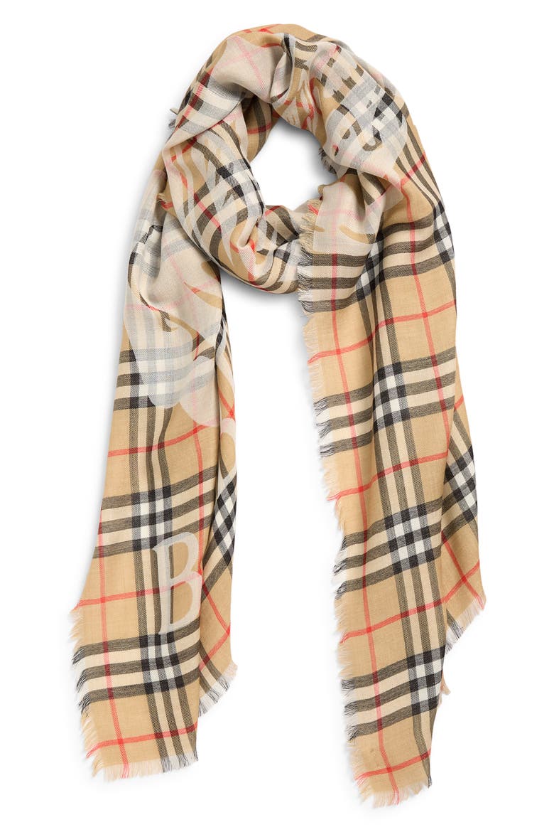 Wide EKD Check Wool & Silk Fringe Scarf, Alternate, color, SAND