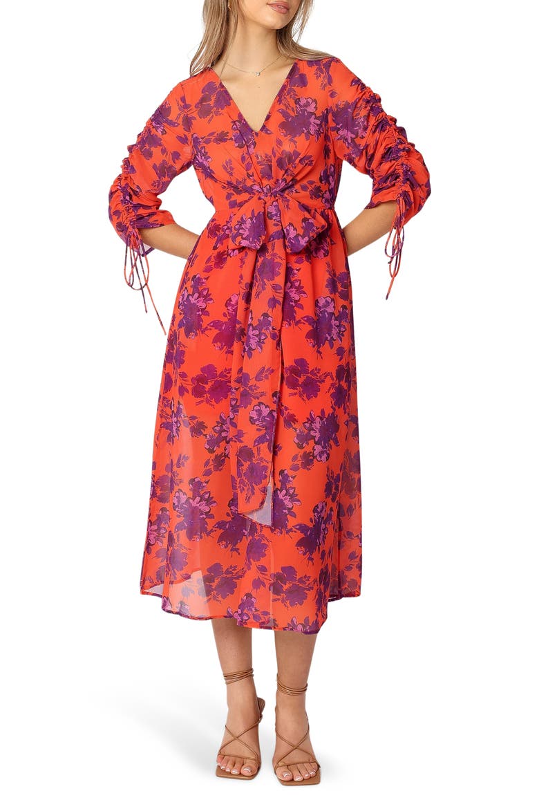 Hallie Floral Ruched Midi Dress, Main, color, RED WINE