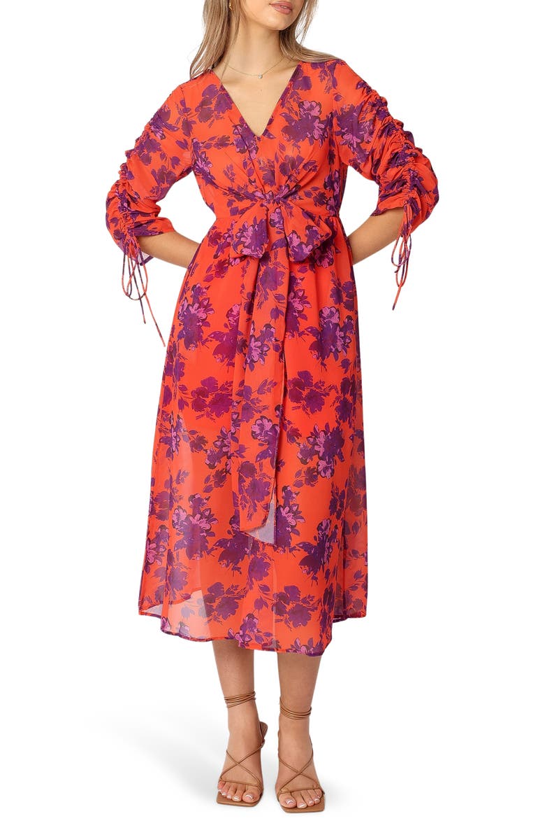 Petal & Pup Hallie Floral Ruched Midi Dress, Main, color, Red Wine