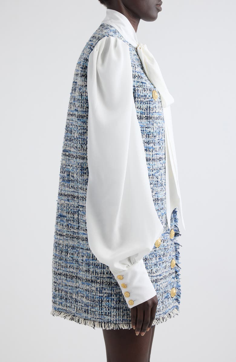 Balmain Tie Neck Long Sleeve Mixed Media Dress, Alternate, color, 