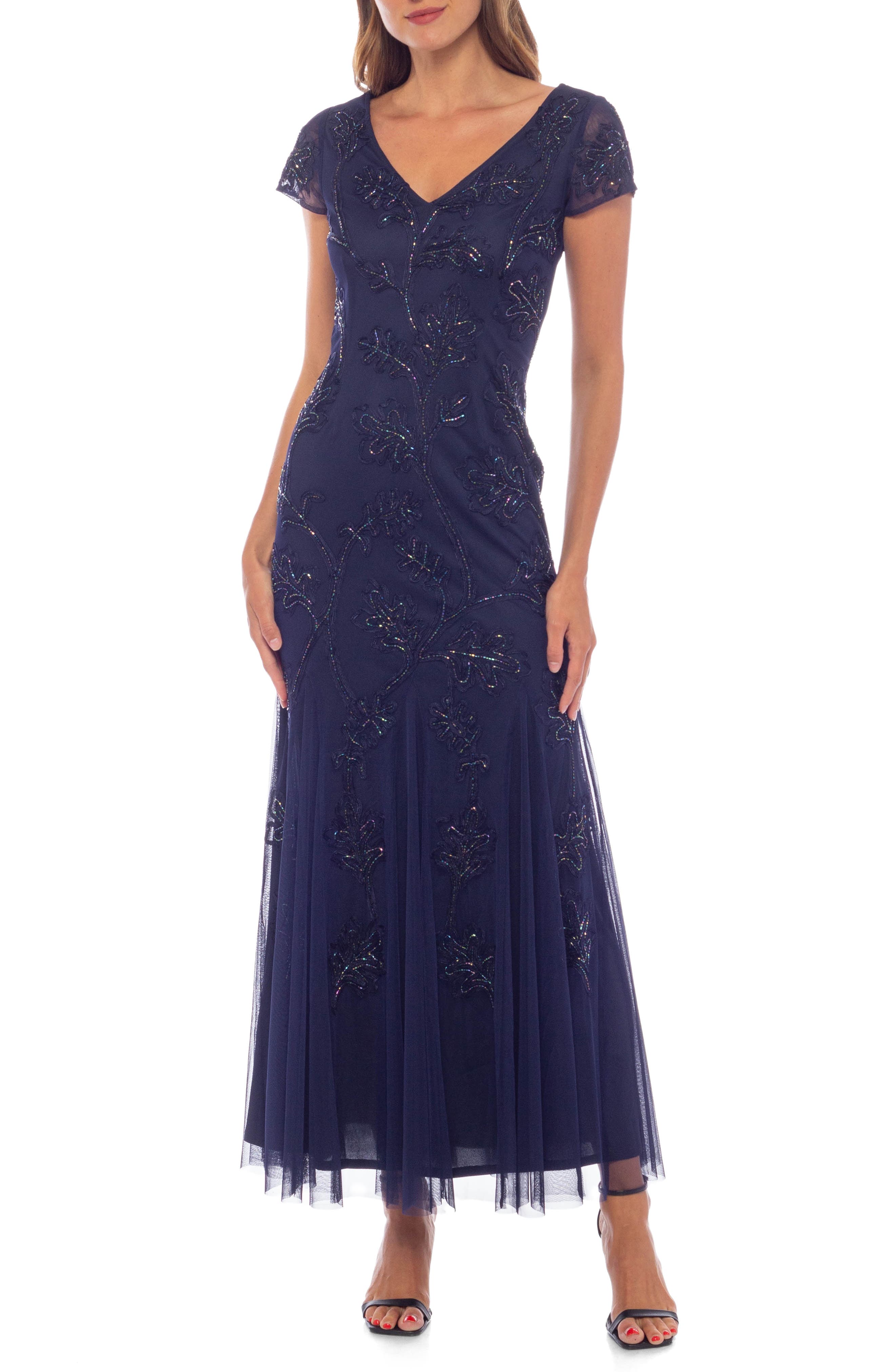 marina beaded v neck dress Marina Beaded V-neck Gown In Gunmetal