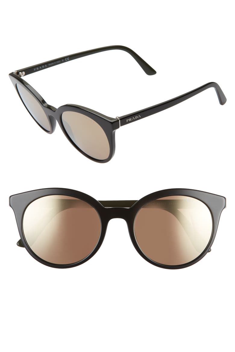 53mm Round Cat Eye Sunglasses, Alternate, color, BLACK/ DARK BROWN MIRROR GOLD