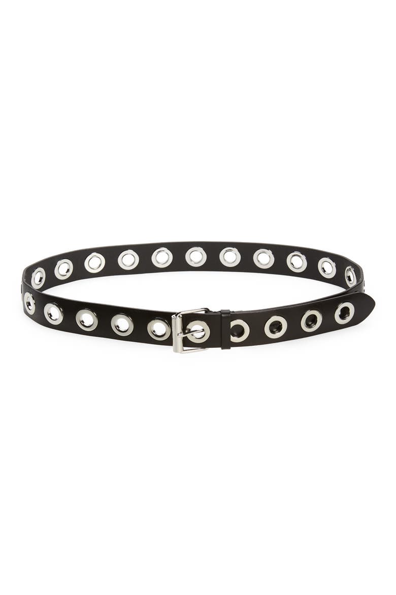 Eyelet Leather Belt, Main, color, BLACK/ SHINY NICKEL